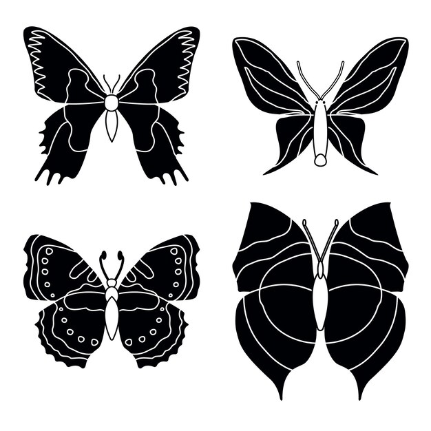 Vetor definido borboletas em um fundo branco desenhando silhuetas de insetos decorativos vetor de desenho manual