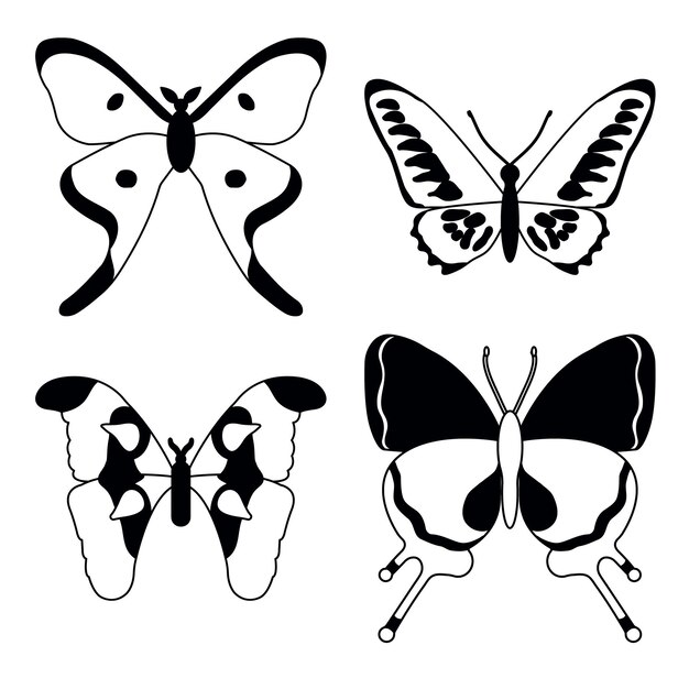 Vetor definido borboletas em um fundo branco desenhando silhuetas de insetos decorativos vetor de desenho manual