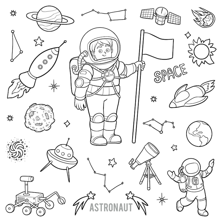 Vetor vetor definido com astronauta e objetos espaciais. desenhos animados em preto e branco
