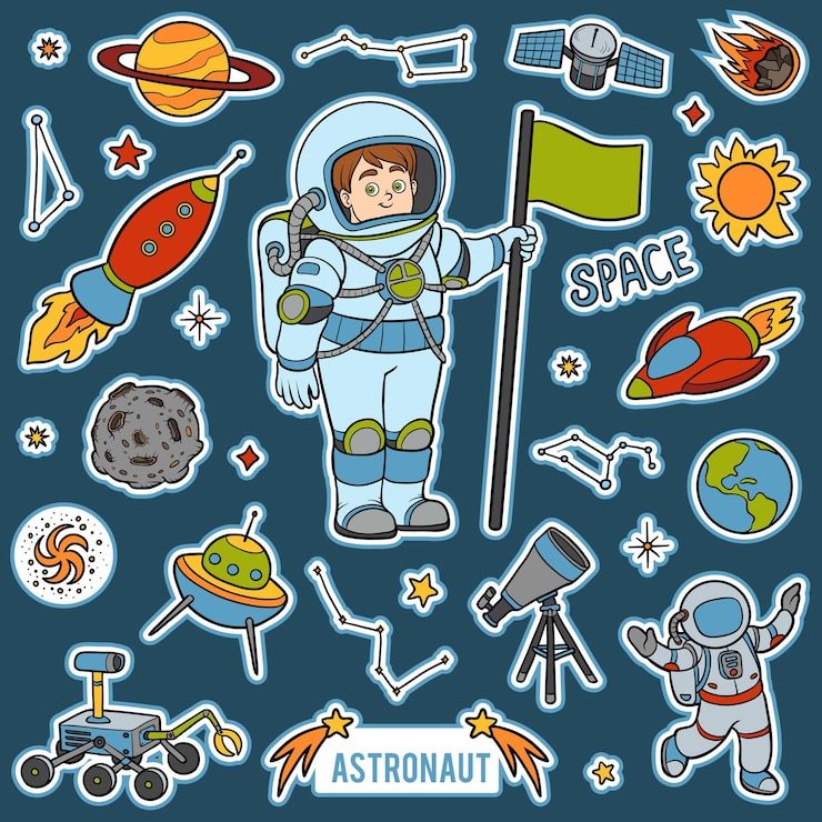 Vetor vetor definido com astronauta e objetos espaciais. itens coloridos de desenho animado