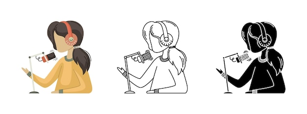 Vetor definido com ilustrações de uma menina gravando um podcast em um estúdio caseiro. o blog. uma profissão moderna. ilustrações de contorno, planas e simples