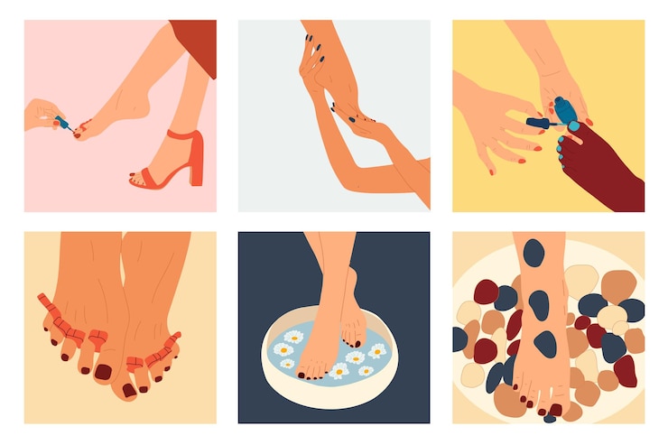 Vetor vetor definido com pés de mulheres com unhas de pedicure. pés femininos abstratos com unhas brilhantes, desenhados à mão