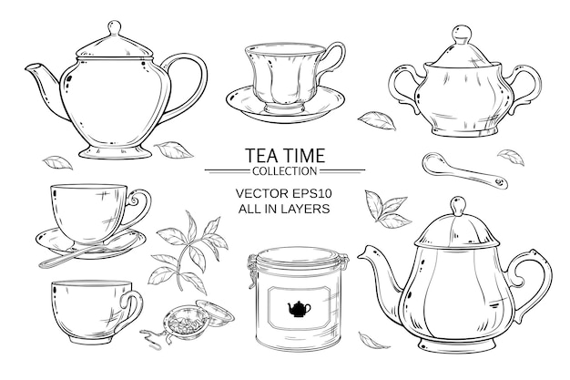 Vetor vetor definido com xícaras, bule, açucareiro, embalagem de lata e coador de chá em fundo branco