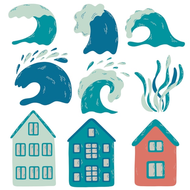 Vetor definido sobre a cidade oceânica. casas de desenhos animados, ondas, algas isoladas em um fundo branco