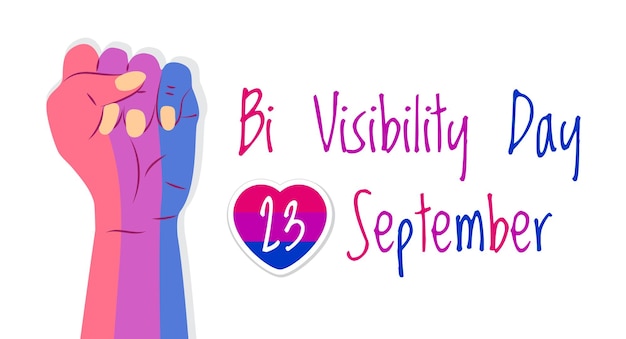 Vetor do conceito do dia da bissexualidade a mão é pintada nas cores do orgulho bissexual coração com listras rosa e 23 de setembro está escrito ilustração do dia da visibilidade bi