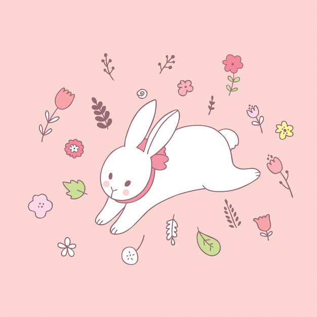 Vetor doce bonito do coelho e da flor dos desenhos animados.