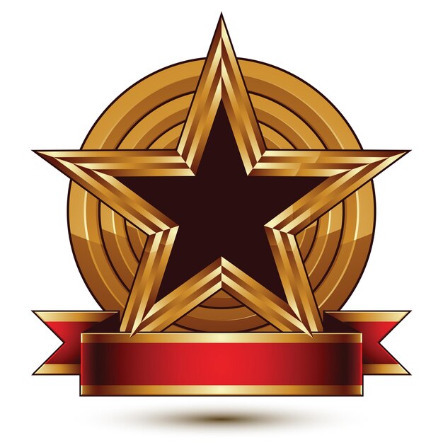 Vetor dourado estilizado símbolo redondo com estrela pentagonal glamourosa preta, insígnia EPS 8 clara, isolada no fundo branco. Melhor para uso em web e design gráfico. Objeto glorioso com costela curvilínea vermelha