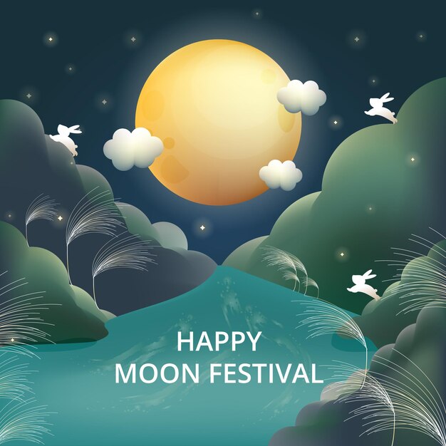 Vetor em estilo midautumn festival com lanternas do céu e visualização da lua