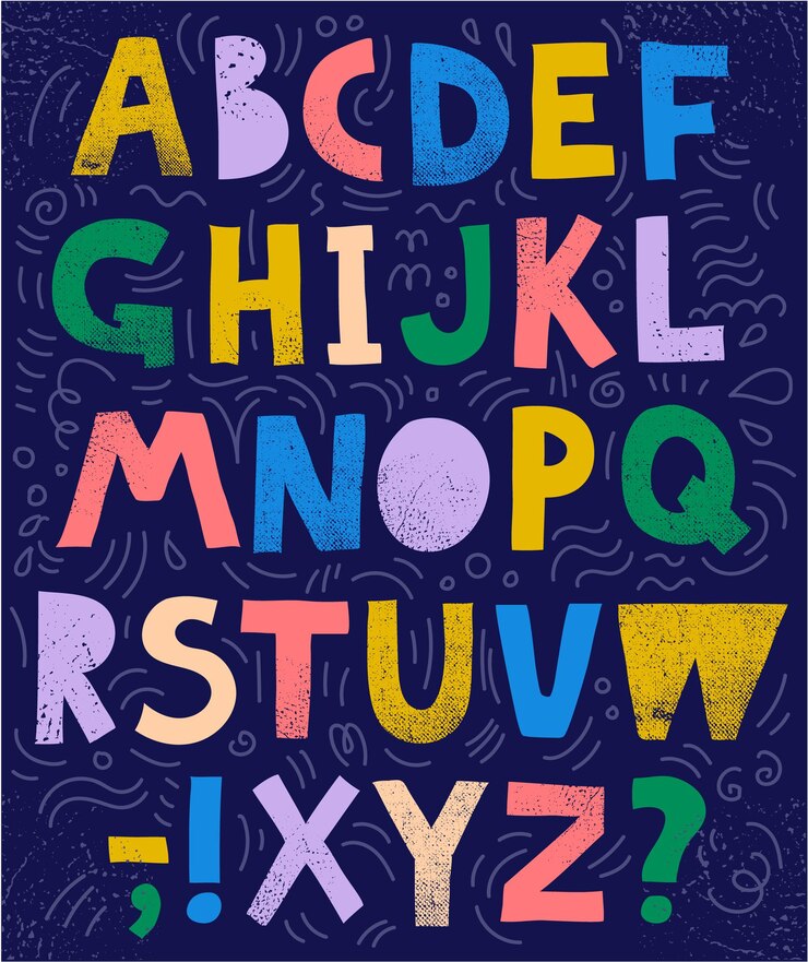 Vetor vetor esboçado, fonte de colagem, abc. letras e sinais texturizados coloridos, desenhados à mão