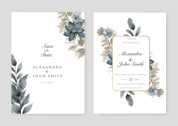 Vetor floral de flor de orquídea azul lindas flores de ouro arte de linha em aquarela de modelo de cartão de casamento