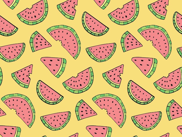Vetor fofo melancia doodle textura perfeita contorno de frutas textura fatia tecido de baga de verão