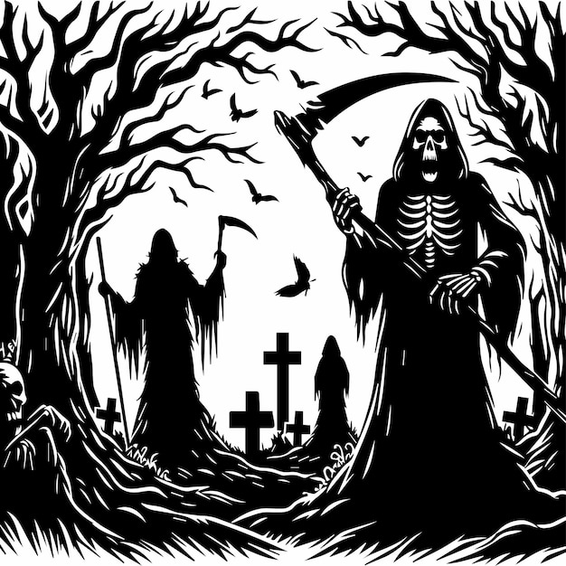 Vetor grátis desenhado à mão um fantasma em pé no lado da floresta de terror dentro de um fundo branco