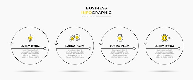 Vetor infográfico modelo de negócios de design de linha fina com ícones e 4 opções ou etapas