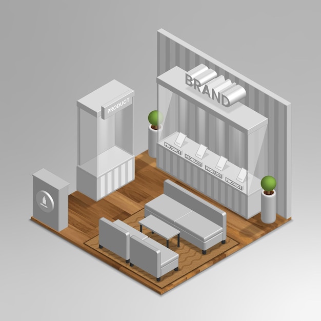Vetor isométrico 3d de maquete de stand da exposição