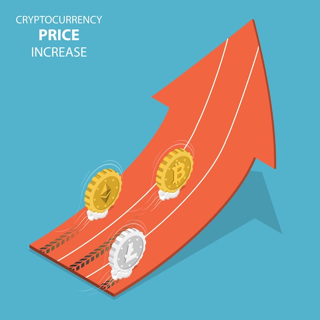 Vetor isométrico de aumento de preço de criptomoeda.