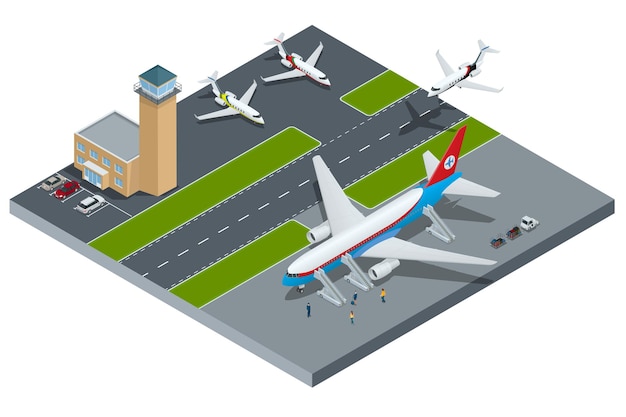 Vetor isométrico representando aeroporto, avião a jato, veículos de apoio terrestre e equipamentos. Aeroporto, aeromoça piloto de avião, terminal de aeroporto, bagagem, companhias aéreas internacionais.