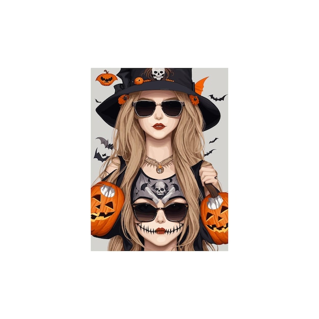 Vetor vetor livre de mulher com caveira de açúcar usando óculos de sol com design de camiseta com elementos de halloween