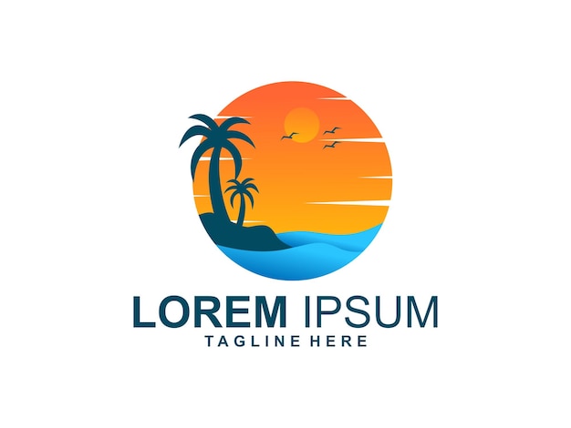 vetor logotipo de modelo de praia e coco com pôr do sol