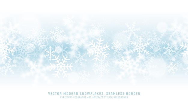 Vetor moderno flocos de neve sem costura fronteira vector luz de fundo abstrato azul. decoração de inverno suave e elegante neve infinita padrão amplo papel de parede. ilustração artística do natal e da véspera de ano novo