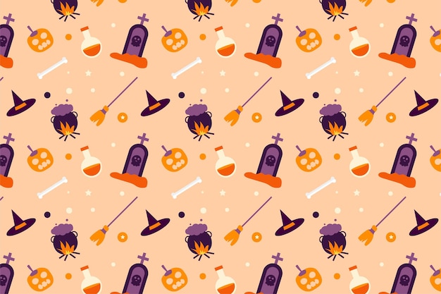 Vetor padrão sem emenda de halloween com venenos de vassouras e lápides decoração de padrão mínimo de halloween em um fundo offwhite design de elemento padrão assustador para papéis de parede e lençóis