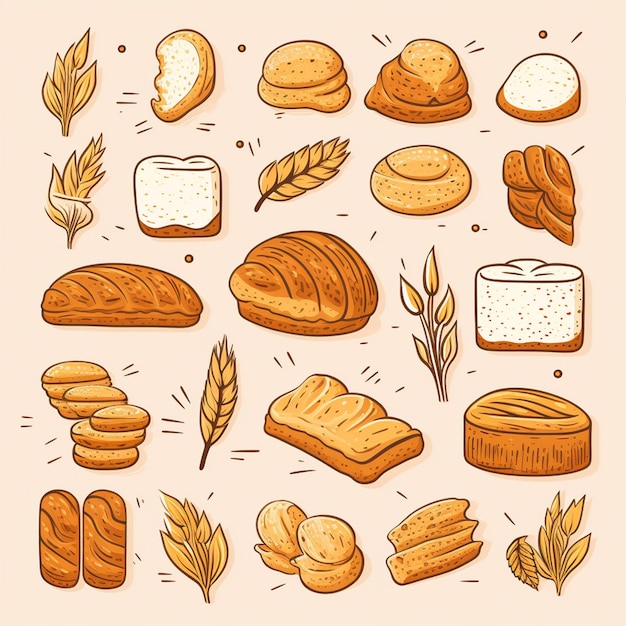 Vetor vetor pão padaria trigo ilustração comida pão conjunto torrada coleção de design isolado br