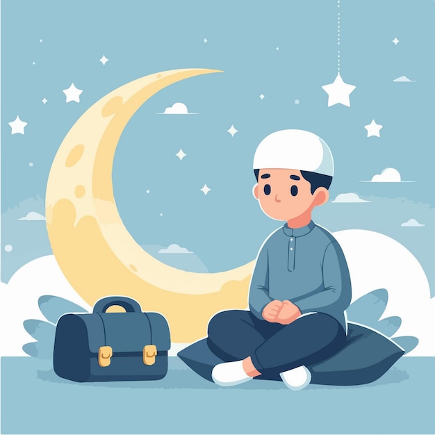 Vetor pequeno menino muçulmano sentado na lua ícone de desenho animado ilustração vetor religiosa