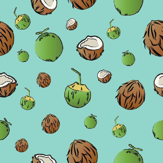 Vetor perfeito de padrão de coco marrom e verde sobre fundo de cor pastel azul, costura de padrão de frutas