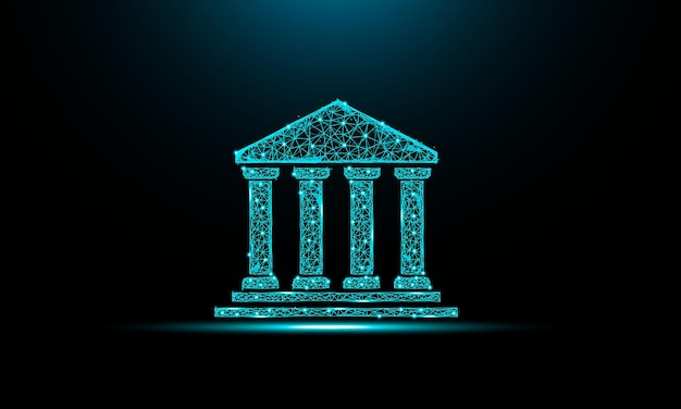 Vetor poligonal futurista de forma geométrica do ícone do banco em fundo azul