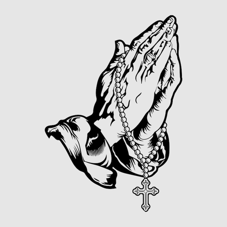 Vetor vetor premium gratuito, religião das mãos em oração e design de ilustração sagrada católica ou cristã