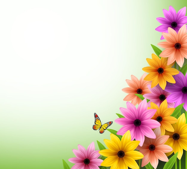 Vetor realista 3d de fundo de flores coloridas para a temporada de primavera com borboleta voadora e espaço para mensagem.
