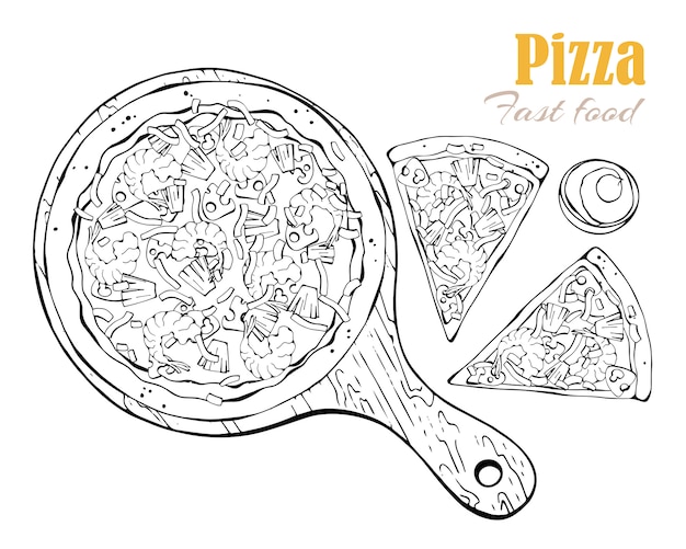 Vetor. Tema de fast-food: pizza em uma placa.