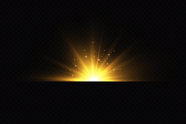 Vetores de luz dourada. Estrela dourada brilhante. Flash de luz. Glitter dourado