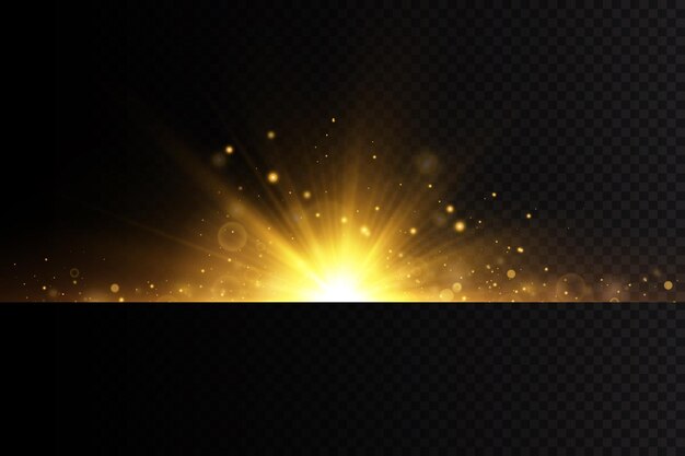 Vetores de luz dourada. Estrela dourada brilhante. Flash de luz. Glitter dourado