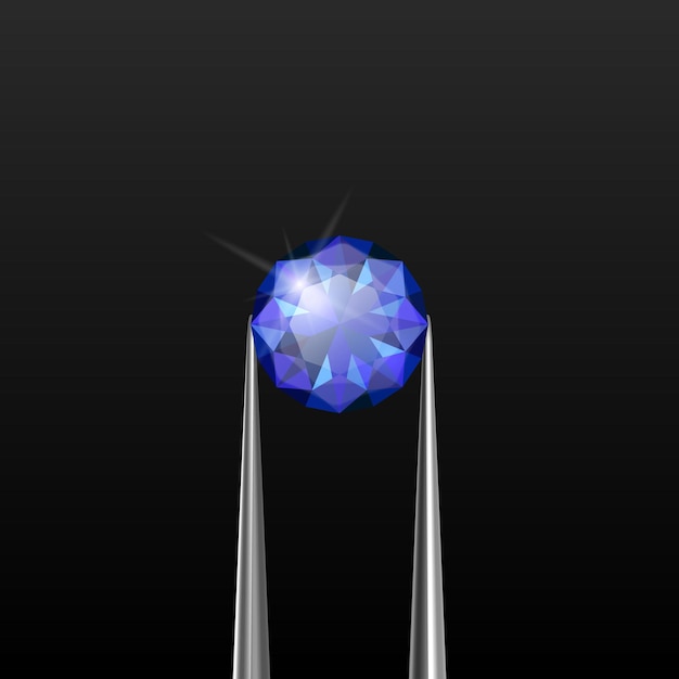 Vetorial, 3d, realístico, transparente, azul, pedra preciosa, diamante, cristal, rhinestone, com, jóias, tongs, closeup, ligado, fundo preto, jewerly, conceito, desenho, modelo Clipart