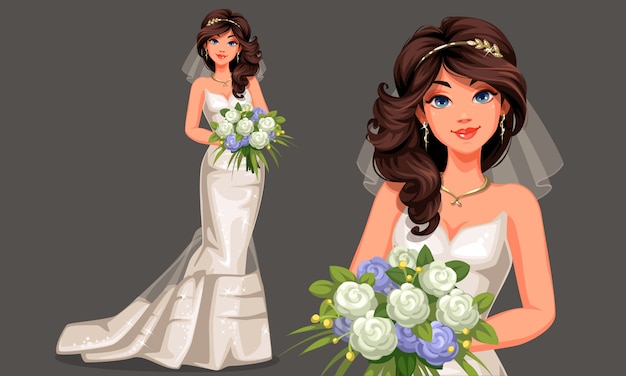 Vetorial, ilustração, de, bonito, noiva, em, um, bonito, vestido branco casamento, segurando, buquet, em, ficar, pose