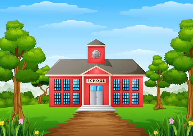 Vetorial, ilustração, de, caricatura, edifício escola, com, jarda verde
