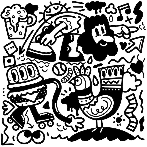 Vetorial, ilustração, de, doodle, bonito, monstro, fundo, mão, desenho, doodle, preto branco, livro colorir