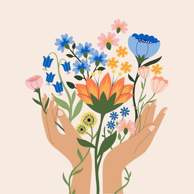 Vetor vetorial, ilustração, de, mão, mantendo, flor