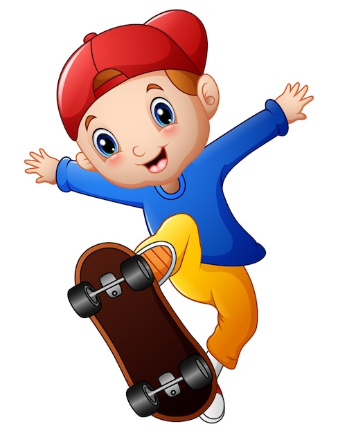 Vetor vetorial, ilustração, de, pequeno, menino, caricatura, jogando skateboard