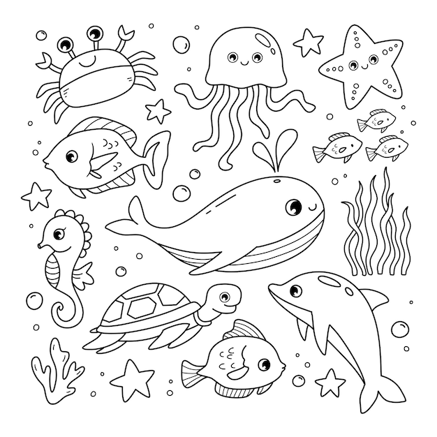 Vetor vetorial mão desenhada animais marinhos para colorir ilustração de livro