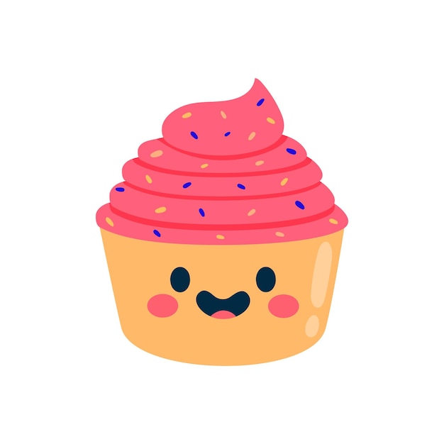 Vetorial, mão, desenhado, cupcake, caricatura, kawaii, cupcake, ilustração, isolado, branco, fundo