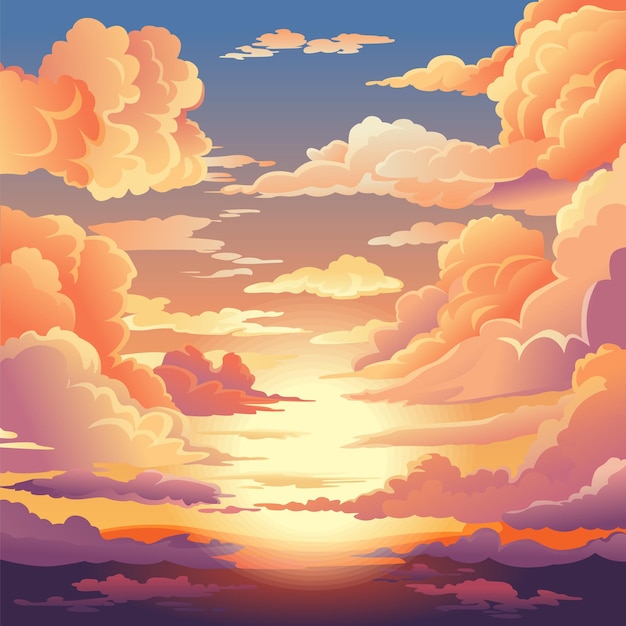 Vetorial, noite, céu, nuvens, pôr do sol, fundo, desenho, vetorial, ilustração