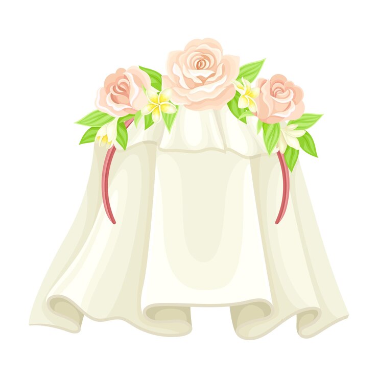 Vetor véu branco de casamento ou de noiva decorado com ilustração vetorial de close-up de flor de rosa rosa