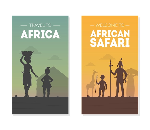 Viagem à áfrica bem-vindo ao african safari banner templates set com silhuetas de nativos tribais em roupas tradicionais ilustração vetorial