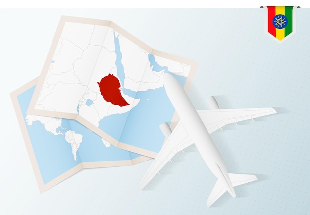 Viagem à Etiópia, avião com vista superior e mapa e bandeira da Etiópia.