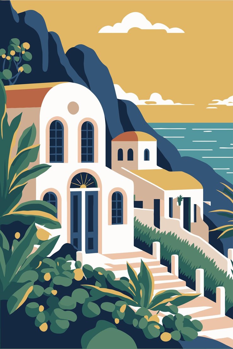 Vetor viagem à ilha de santorini fundo de ilustração vetorial de cores planas