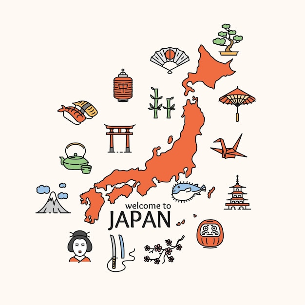 Viagem de conceito de Japão. Mapa do país. Poster. Ilustração vetorial