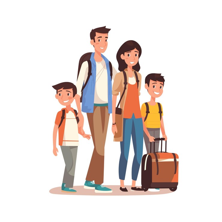 Viagem de férias em família pais felizes duas crianças prontas viagem de férias personagens de desenhos animados sorridente