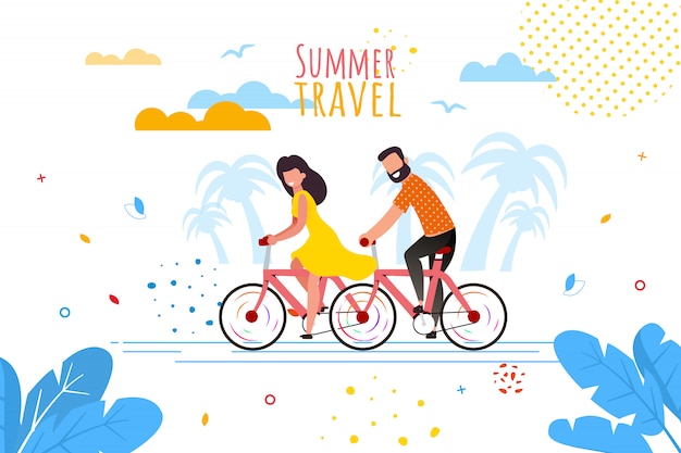 Viagem de verão de bicicleta para dois banner dos desenhos animados