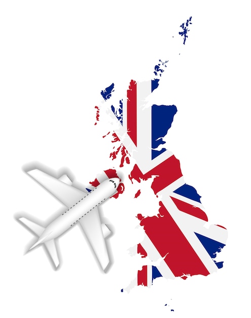 viagem de voo de avião para mapa de bandeira de Inglaterra